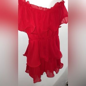Red Chiffon Bardot Ruffle Tiered Dress